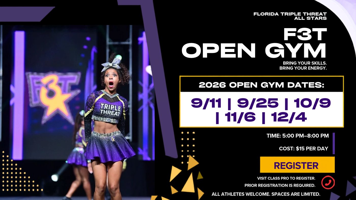 F3T Open Gym flyer: 2026 dates, 5 to 8 PM, $15 per day