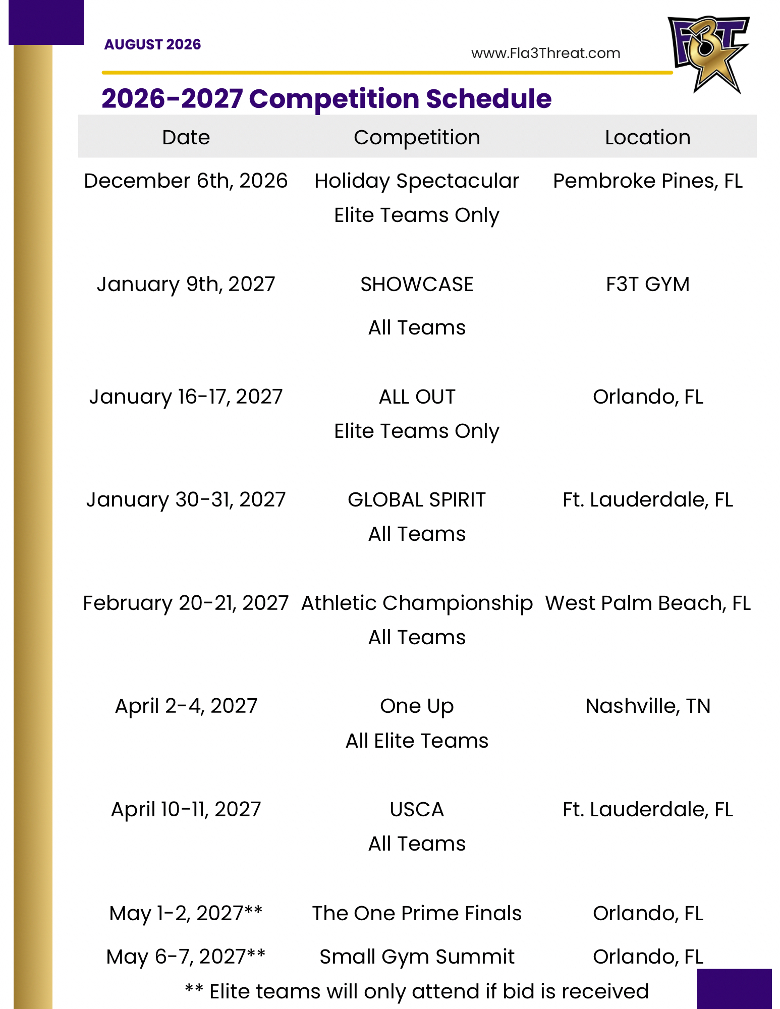 F3T 2026 to 2027 competition schedule with dates, competitions, and locations