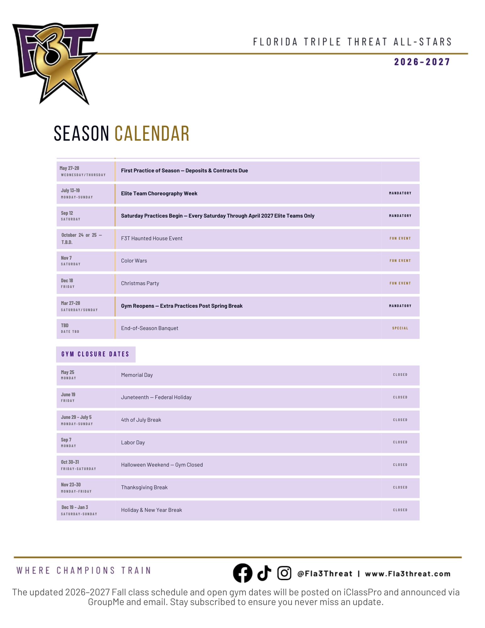 F3T 2026 to 2027 season calendar and gym closure dates
